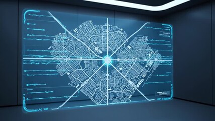 Holographic city map with data visualization displaying network connections and urban infrastructure analytics footage. - Powered by Adobe