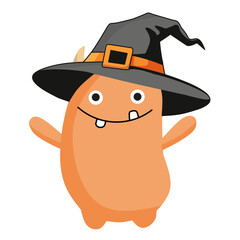 Orange cartoon monster wearing witch hat waving