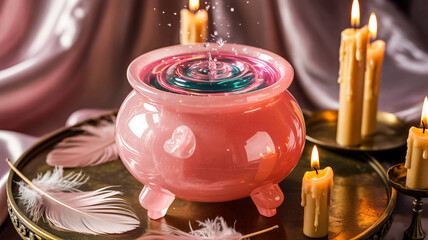Glam witch brewing potion in a glowing pink crystal cauldron with neon mist and sparkles