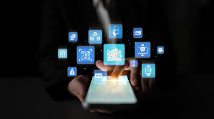 Digital wallet icons show mobile payment, digital wallet transfer, and online banking. Digital...