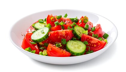 A white bowl filled with a fresh tomato and cucumber salad, garnished with green onions, isolated on white