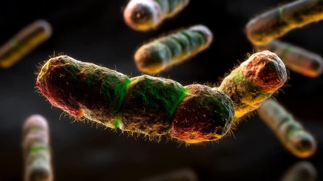 Colorful microscopic bacterium rod with hairlike pilus and hairy microbial cell capsule floating dark field conveying vivid texture depth dramatic