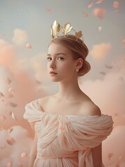 Elegant Young Princess in Sculptural Gown with Floating Petals and Soft Pastel Clouds