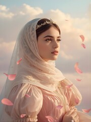 Elegant Young Princess in Sculptural Gown with Floating Petals and Soft Pastel Clouds