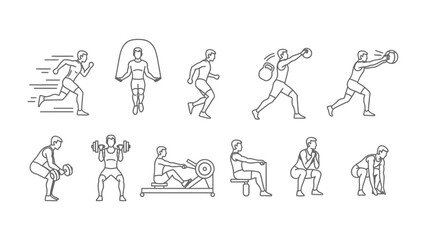 Diverse Workout Routine: A series of dynamic line art illustrations showcases a range of exercises, providing a comprehensive guide to fitness and wellness, from cardio to strength training.