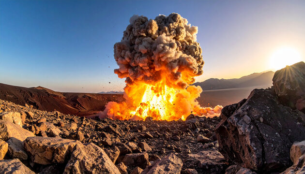 A massive nuclear explosion creates an apocalyptic scene with a mushroom cloud smoke and fire
 - Powered by Adobe