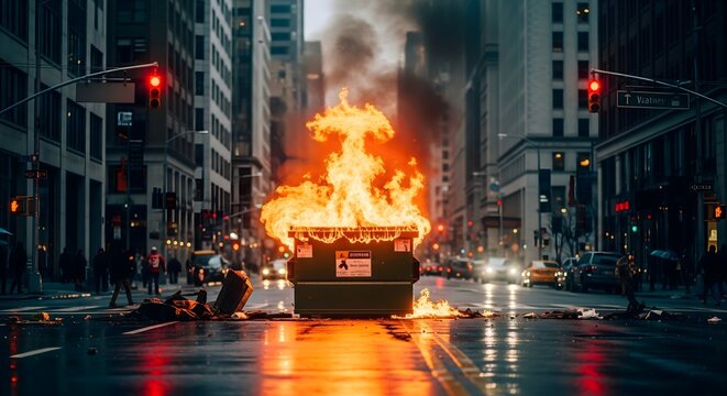 Urban street scene features large dumpster ablaze