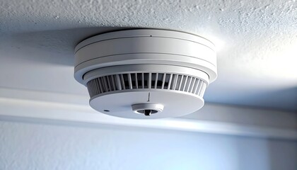 A white, circular smoke detector is mounted on a white ceiling, with a shadowed wall corner visible in the background
