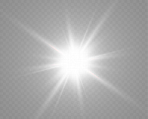 Bright glowing white light flare with rays and soft transparency on dark background.
