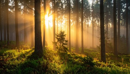 Obraz premium Fog covered forest in summer with mystic golden sunlight