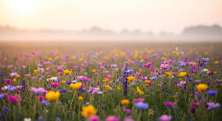 Vibrant wildflower meadow at sunrise with gentle fog