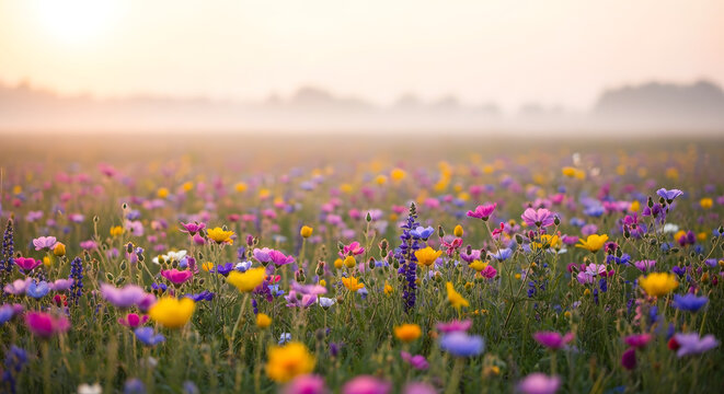 Vibrant wildflower meadow at sunrise with gentle fog