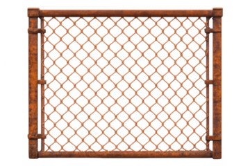 Rusty chain-link fence panel on transparent background, showing old weathered metal mesh texture and corrosion