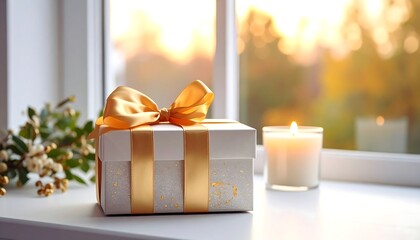 A white gift box with a gold ribbon sits on a bright windowsill with a candle and flowers on either side