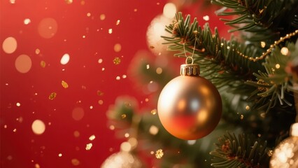 Obraz premium In the Christmas scene, golden Christmas ball decorations are matched with a red background, creating a festive and warm holiday atmosphere. 