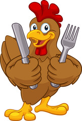 A chicken rooster cockerel cartoon character food mascot holding knife and fork cutlery