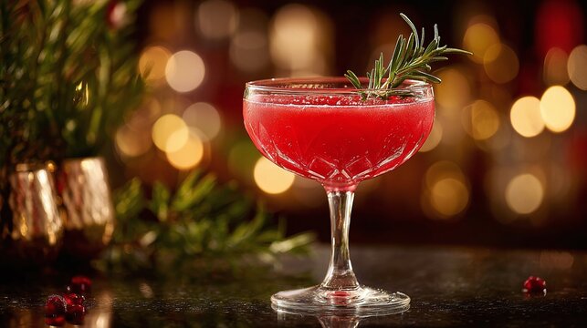 Festive red cocktail in a vintage glass, garnished with rosemary. Bokeh lights create a warm backdrop, perfect for holiday gatherings. Enjoy the season with a delicious drink!