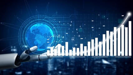 A sleek robot hand interacts with a rising bar graph, symbolizing futuristic technology, data growth, and global analytics in a vibrant digital landscape. Copula