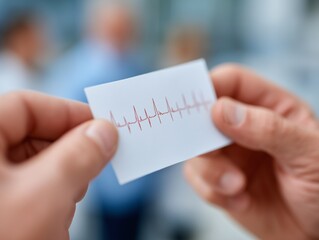 A person holding a business card with a heartbeat line on it