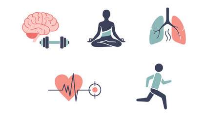 Mind and Body Wellness: An illustrative composition exploring the holistic harmony of wellness, with icons representing the brain, exercise, meditation, lungs, heart health, and running.
