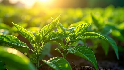 Vibrant Pepper Plants Growing in the Sunlight.