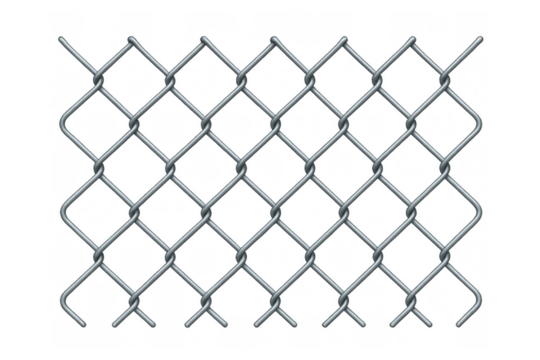 Metal chain link fence forming a barrier, offering security and protection. Wire mesh grid pattern with transparent background