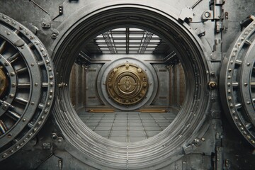 Open circular vault door, metallic gray, gold center plate visible