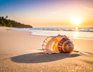 Seashell Serenity - A Tranquil Beach Scene at Sunset.