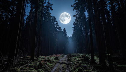 High-quality photo of dark forest with a full moon in the sky.
