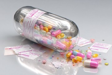 Surreal scene of a shattered piggy bank shaped like a pill capsule, spilling vibrant pills and coins onto a reflective white surface, with scattered insurance documents around, representing the