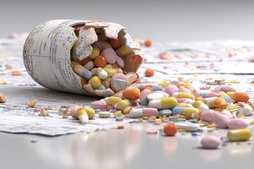 Surreal scene of a shattered piggy bank shaped like a pill capsule, spilling vibrant pills and coins onto a reflective white surface, with scattered insurance documents around, representing the
