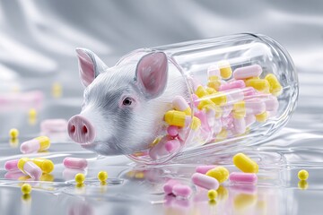 Surreal scene of a shattered piggy bank shaped like a pill capsule, spilling vibrant pills and coins onto a reflective white surface, with scattered insurance documents around, representing the