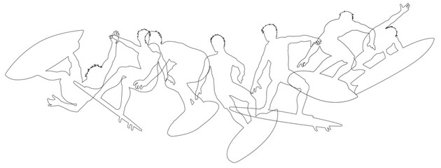 Surfers Surfing on their Surf Boards Silhouette set. Active sports people healthy players fitness silhouettes concept.