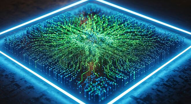 Futuristic neon blue diamond frame encasing vibrant glowing green circuit board abstract art - Powered by Adobe