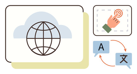Globe on cloud background, hand tapping, language translation arrows. Ideal for technology, communication, globalization, online tools, accessibility language learning cloud services. Simple flat