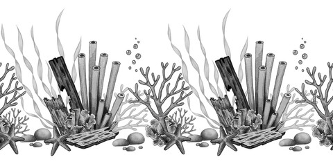 Black and white raster seamless border with corals, tube corals, wooden boards, seaweeds, and stones on a white background. Perfect for marine design, packaging, decor, and underwater themed artworks. © Alona