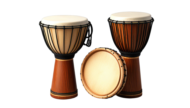 Two Djembe drums and a smaller drum, positioned in a group.  Wooden bodies with  light and dark wood tones, and white drumheads