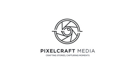 Pixelcraft Media Logo Design with Camera Aperture and Eye Symbol.