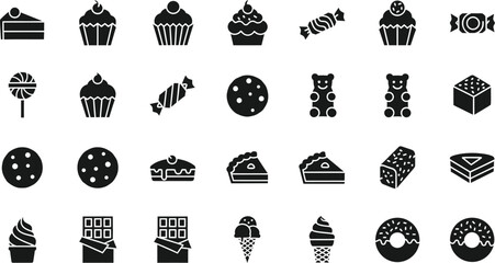 Collection of various sweet dessert icons including cakes cupcakes cookies candy chocolate bars and donuts isolated on transparent background