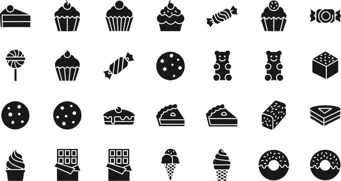 Collection of various sweet dessert icons including cakes cupcakes cookies candy chocolate bars and donuts isolated on transparent background - Powered by Adobe