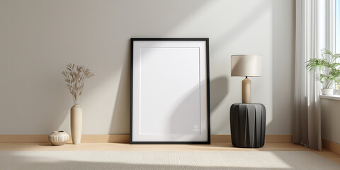 A frame mockup is displayed, showing an ISO A size paper. The frame is on a living room wall, which is part of a modern house interior design.

