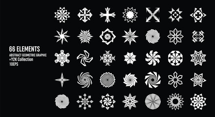 Abstract geometric vector set, black and white symmetrical design, Y2K graphic elements, radial pattern artwork, futuristic decorative shape collection