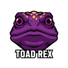 Cartoon illustration of a purple toad head with yellow spots, featuring a stern expression and the text 