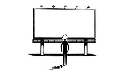Obraz premium Minimalist Silhouette Figure Gazes at Vast, Empty Billboard Under Dramatic Shadow.