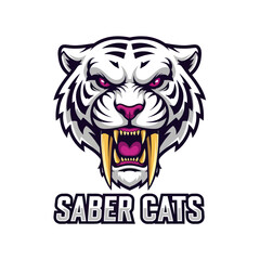 A stylized illustration of a white tiger's head with prominent fangs and the text 