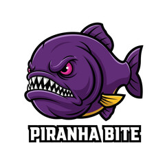 A fierce, cartoonish purple piranha with sharp teeth and glowing pink eyes, depicted in a profile view with the text 