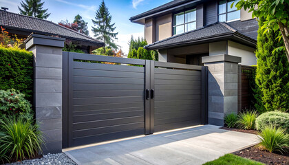 High dark grey home door aluminum gate gray slats portal garden of suburb house
