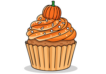 A charming pumpkin cupcake illustration with orange frosting and sprinkles. Perfect for autumn themes, desserts, or seasonal marketing. Clean, modern design.