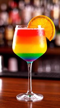 Colorful Rainbow Layered Cocktail With Orange Slice Garnish On Bar Counter