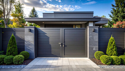 Modern home entrance with automated sliding metal gate. Grey gate at house. Driveway paved with stone. House with contemporary design style. Security and privacy in suburban setting.